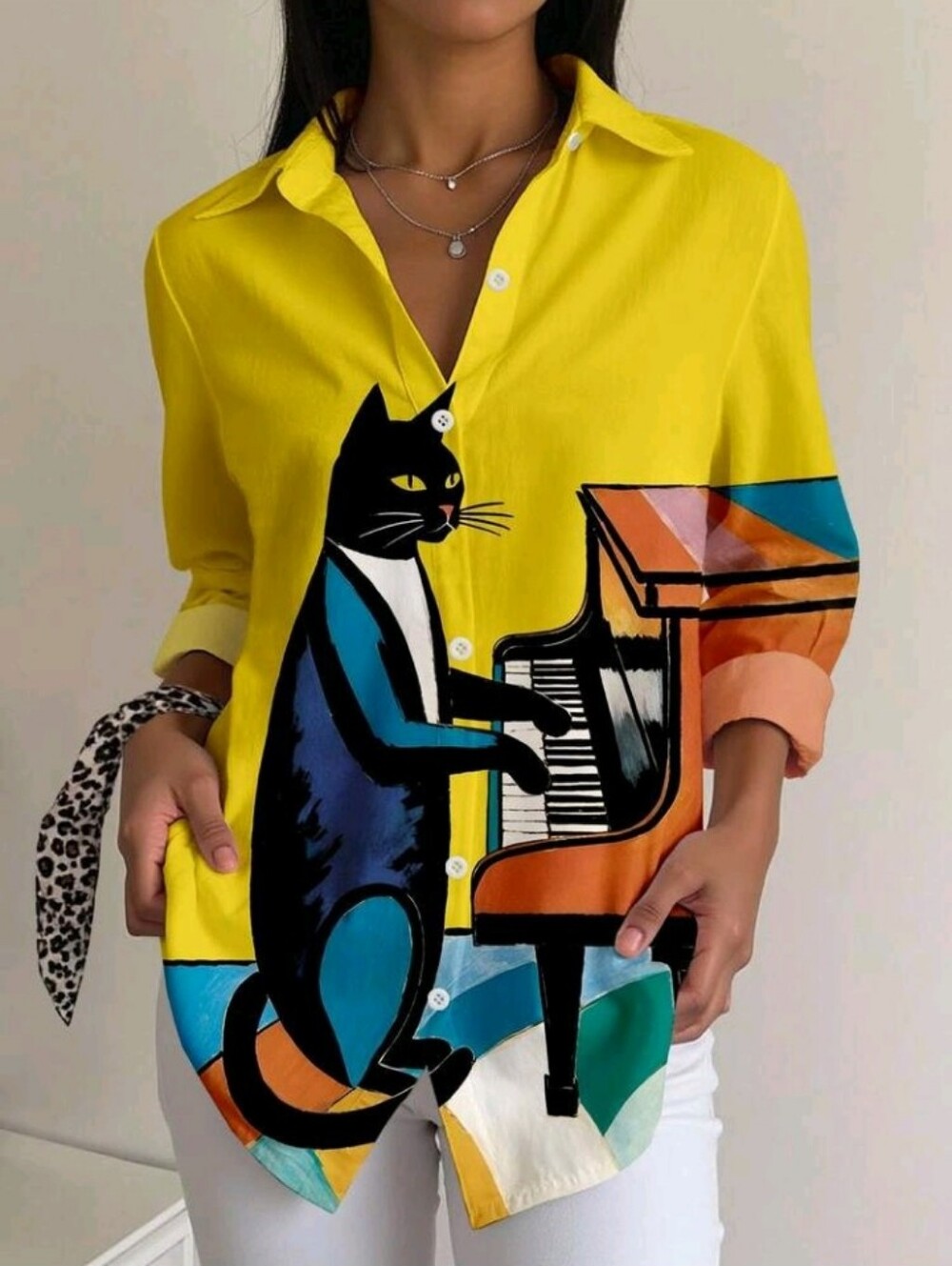 Women's Casual Street Cat Piano Print Long Sleeve Shirt, Suitable For Spring